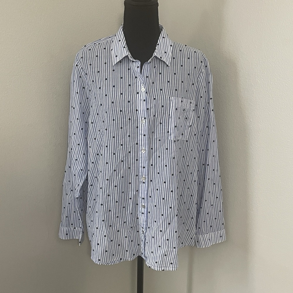 J. JILL Sz L Striped Polka Dot Blouse Blue White 100% Cotton Button‎ Up Coastal